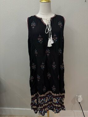 Wayan Natural Wear NWT Sleeveless Black Tassel Tie Boho Midi Dress Resort Wear